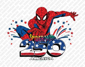 Spider-Man America 250-jähriges Jubiläum PNG, 4. Juli Superhero Sublimationsdesign, Patriot Star Clipart, Kids DTF T-Shirt Grafik