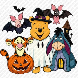 May include: A digital illustration featuring a yellow bear wearing a black witch hat and a white ghost sheet, a tiger sitting inside an orange jack-o'-lantern, a blue donkey, two small pink bats, a black bat, and a brown haunted house silhouette.