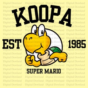May include: A yellow Koopa Troopa character graphic from Super Mario, with the word "KOOPA" above it in black block letters. The text "EST 1985" and "SUPER MARIO" are also included.
