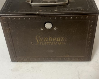 Vintage Sunbeam Electric Iron With Original Embossed Metal Fireproof Case Box