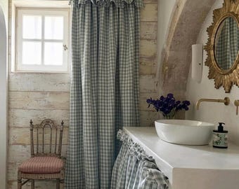 Mint green Gingham Blackout Curtains with Flop Ruffle | Lined Farmhouse Check Drapes