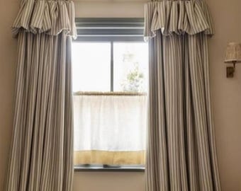 Beige gestreifte Verdunkelungsvorhänge mit Rüschen Volant | Baumwoll-Leinen Bauernhaus Vorhänge