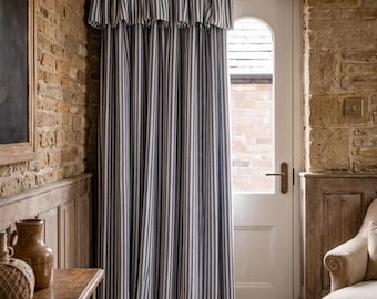 Blue Striped Cotton Blackout Curtains, Ruffle Top Farmhouse Drapes, Custom Size Panels