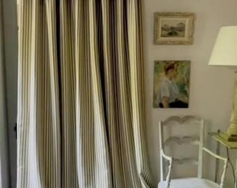 Olivgrün gestreifte Baumwolle Leinen Verdunkelungsvorhänge, Rüschen Bauernhaus Vorhänge (Spezialanfertigung)