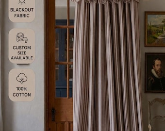 weinrot gestreifte Baumwolle Leinen Verdunkelungsvorhänge, Bauernhaus Rüschen drapiert (Sondergröße)