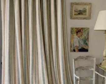 Gewaschenes Leinen gestreifte Vorhänge | Neutrale Bauernhausvorhänge, Paneele in Sondergröße