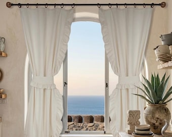 Cortinas de lino y algodón Buldan hechas a mano, cortinas rústicas con volantes estilo granja, tamaño personalizado turco.