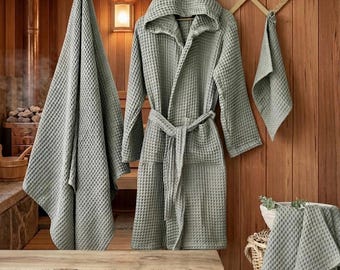 Türkischer Baumwoll-Waffel-Bademantel mit Musselin-Handtüchern | Mit Kapuze Spa Robe