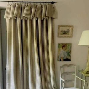 Olive Green Striped Cotton Linen Blackout Curtains, Ruffle Farmhouse Drapes Window Panels (Custom Size)