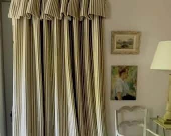 Olive Green Striped Cotton Linen Blackout Curtains, Ruffle Farmhouse Drapes (Custom Size)