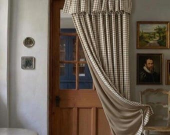 Beige Vichykaro Verdunkelungsvorhänge mit Flop Rüschen Gefütterte Bauernhaus Karo Vorhänge
