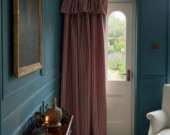Burgundy Striped Cotton Linen Blackout Curtains, Farmhouse Ruffled Drapes (Custom Size)