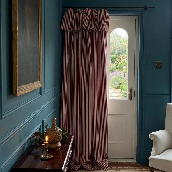 Burgundy Striped Cotton Linen Blackout Curtains, Farmhouse Ruffled Curtains (Custom Size)