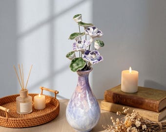 Ceramic Flower Arrangement with Vase, 9 Handmade Porcelain Flowers, Lavender Lotus Floral Decor, Table Centerpiece, Housewarming Gift