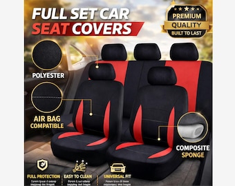Car Seat Covers Full Set Black Red, Front Rear Bench Protectors, Split Bench Airbag Compatible Universal Fit