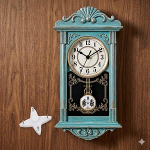 May include: A rectangular wall clock with a distressed teal finish, featuring a round white face with black Arabic numerals and hands. Below the clock face is a black panel with gold filigree and a circular pendulum. A white four-prong wall mount.