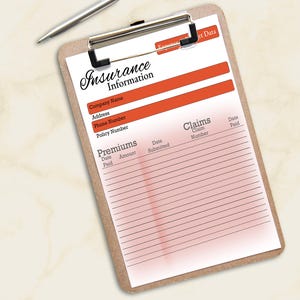 May include: A printable insurance information tracker with sections for company name, address, phone number, policy number, premiums, claims, and dates paid. The form has a red and white striped background.