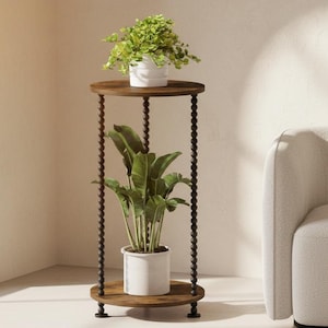 2 Tier Small Corner Plant Stand Indoor, 23" Tall Wood Metal Plant Table, Vintage Flower Pot Holder, Balcony Patio Living Room Decor
