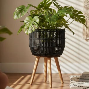 May include: A black woven planter with a large green plant, set on a wooden tripod stand. The plant has large, split leaves. The planter is indoors, with sunlight streaming through blinds.