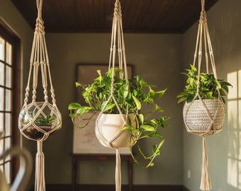Macrame Plant Hanger Set of 3, Boho Hanging Planter Indoor, Cotton Plant Holder with Hooks, Ivory Decor 46 41 34 Inch