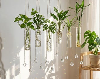 6 pcs Hanging Propagation Station Set, Glass Hydroponic Planter with Crystal Suncatcher, Wall Hanging Plant Holder, Window Terrarium Decor