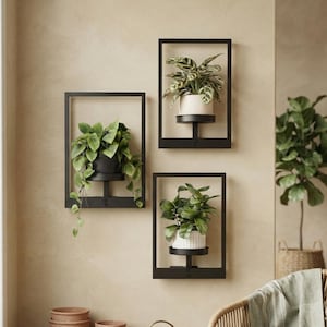 Wall Hanging Planters for Indoor and Outdoor Plants, Metal Wall Plant Shelves Set of 3, Modern Window Plant Holder, Living Room Wall Decor