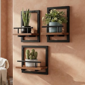Floating Plant Shelves for Wall, Indoor Wall Planter Shelf Set of 3, Wood & Metal Floating Shelves, Plant Display for Home and Office Decor