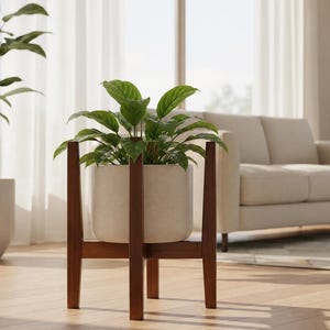May include: A potted plant in a light-colored, cylindrical pot sits on a dark brown wooden plant stand. The plant has large green leaves. The stand has a square base and a simple, modern design. The background includes a sofa and a window.