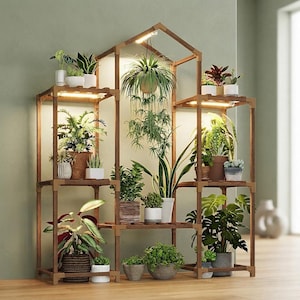 Indoor Plant Stand with Grow Lights, Wooden Plant Shelf for Multiple Pots, Hanging Planter Display, Corner Plant Rack Home Decor