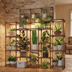 Plant Stand Indoor with Grow Light, 14 Tier Wooden Plant Shelf, Large Plant Rack, Indoor Plant Display Stand, Living Room Decor