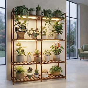 Plant Stand with Grow Lights, 4 Tier Wooden Indoor Plant Shelf, Large Plant Holder Rack, Flower Pot Display for Living Room, Patio, Balcony