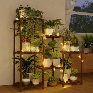 3 Tier Plant Stand with Fairy Lights Indoor Wooden Plant Shelf Ladder Plant Holder for 7 Pots Rustic Plant Rack Home Decor Gardening Gift