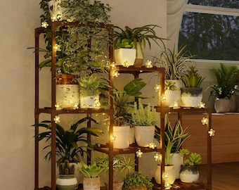 3 Tier Plant Stand with Fairy Lights Indoor Wooden Plant Shelf Ladder Plant Holder for 7 Pots Rustic Plant Rack Home Decor Gardening Gift