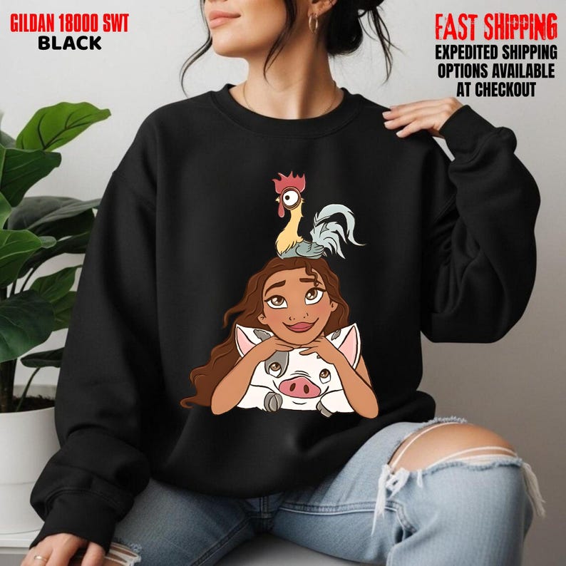 May include: Black crew neck sweatshirt featuring a cartoon character with long brown hair, a pig, and a rooster. The text "GILDAN 18000 SWT BLACK" is printed at the top left.