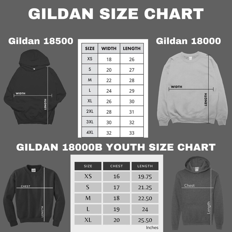 May include: A Gildan size chart with measurements in inches for Gildan 18500, 18000, and 18000B Youth apparel. The chart includes size, width, length, and chest measurements for various sizes, from XS to 4XL.