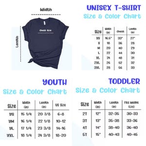 May include: Navy blue t-shirt with size and color charts for unisex, youth, and toddler sizes. Charts include measurements in inches for width, chest, and length, along with US sizes and weight.