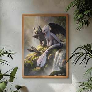 Póster de Desdentado y Furia Luminosa / Decoración de pared de Cómo entrenar a tu dragón / Lámina de la película animada de dragones / Decoración adorable para la habitación de los niños / Lámina de Dreamworks