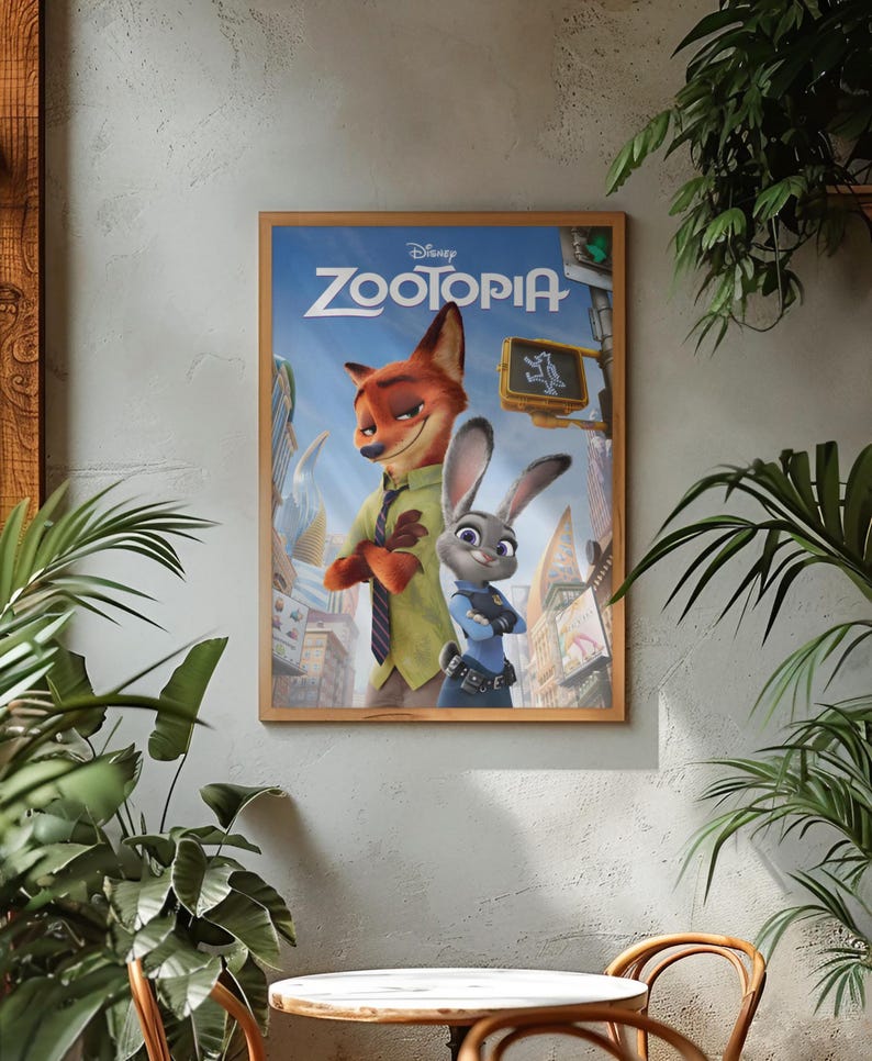 Puede incluir: Un p&oacute;ster enmarcado de la pel&iacute;cula animada de Disney "Zootr&oacute;polis". El p&oacute;ster muestra a los personajes Nick Wilde, un zorro, y Judy Hopps, una coneja, ambientados en un paisaje urbano. El t&iacute;tulo "Zootr&oacute;polis" se muestra en azul y blanco.
