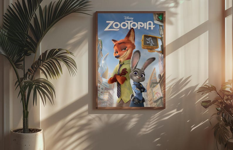 Puede incluir: Un p&oacute;ster enmarcado de la pel&iacute;cula de animaci&oacute;n de Disney "Zootr&oacute;polis" cuelga de una pared. El p&oacute;ster presenta a los personajes Nick Wilde, un zorro, y Judy Hopps, una coneja, frente a un paisaje urbano. El t&iacute;tulo "Zootr&oacute;polis" se muestra en la parte superior.