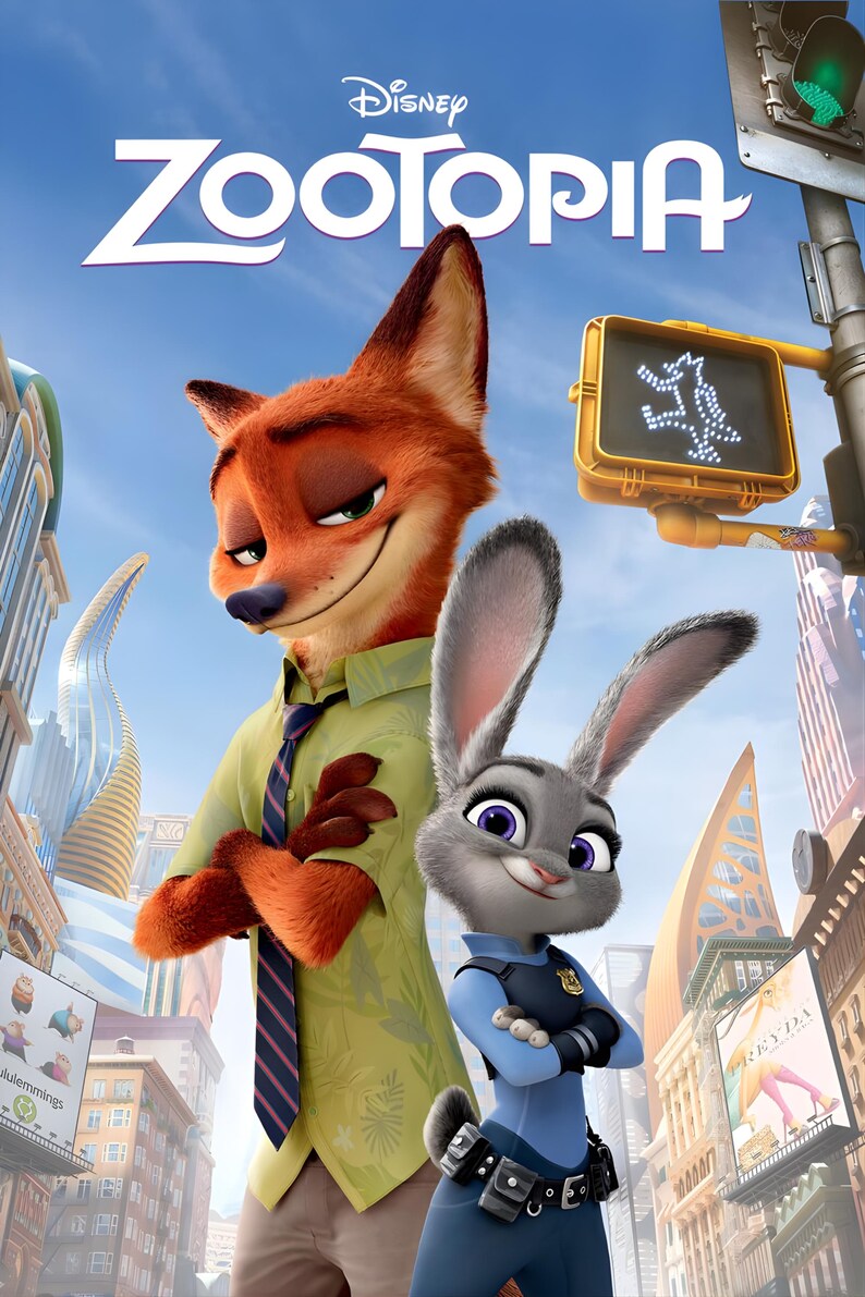 Puede incluir: Cartel de la pel&iacute;cula "Zootr&oacute;polis" de Disney, con un zorro astuto con camisa verde y una conejita decidida con uniforme de polic&iacute;a. El t&iacute;tulo "Zootr&oacute;polis" est&aacute; en letras blancas grandes sobre un fondo de cielo azul, con una ciudad al fondo.