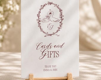 Plantilla de cartel de boda para tarjetas y regalos, decoración de boda con cisne burdeos, tarjeta de mesa imprimible con diseño de dinero antiguo (plantilla de Canva) (WT02)