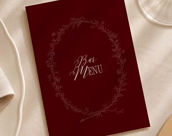 Szablon szyldu na menu weselne w kolorze bordowym, romantyczna, zabytkowa karta menu drinków, luksusowy szyld weselny (szablon Canva) (WT02)