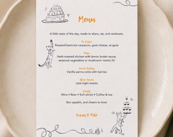 Hand Drawn Cat Wedding Menu Template, Whimsical Table Card (Canva Template) (WT01)