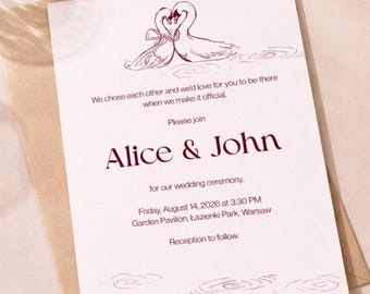 Invitación de boda con cisne de estilo clásico, papelería romántica, melancólica y caprichosa, plantilla editable de Canva (descarga digital).