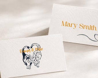 Tarjetas de mesa para bodas con gatos dibujados a mano, tarjetas de lugar para bodas originales, tarjeta de lugar (plantilla de Canva) (WT01)