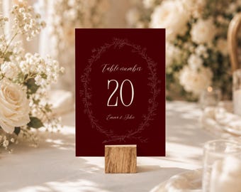 Vintage Romantic Wedding Table Numbers, Burgundy, Luxury Wedding Table Signs (Canva Template)(WT02)