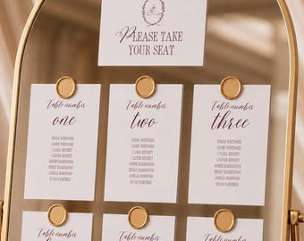 Plantilla de tarjetas de distribución de asientos para Mirror, elegante plano de mesas de boda con cisnes (plantilla de Canva) (WT02)