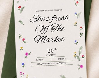 Invitación para despedida de soltera con temática de flores silvestres, fiesta de soltera "Recién salida del mercado", plantilla editable.