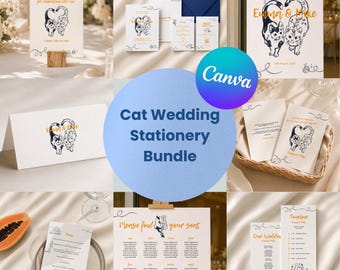 Paquete de papelería de boda con temática de gatos, suite de invitaciones editables en Canva, plantillas de boda dibujadas a mano para amantes de las mascotas (descarga digital) (WT01)
