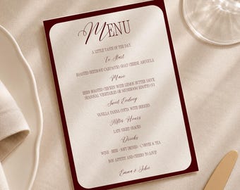 Romantic Elegant Swan Wedding Menu Template, Luxury Burgundy Deep Red Old Money Style Table Card (Canva Template) (WT02)